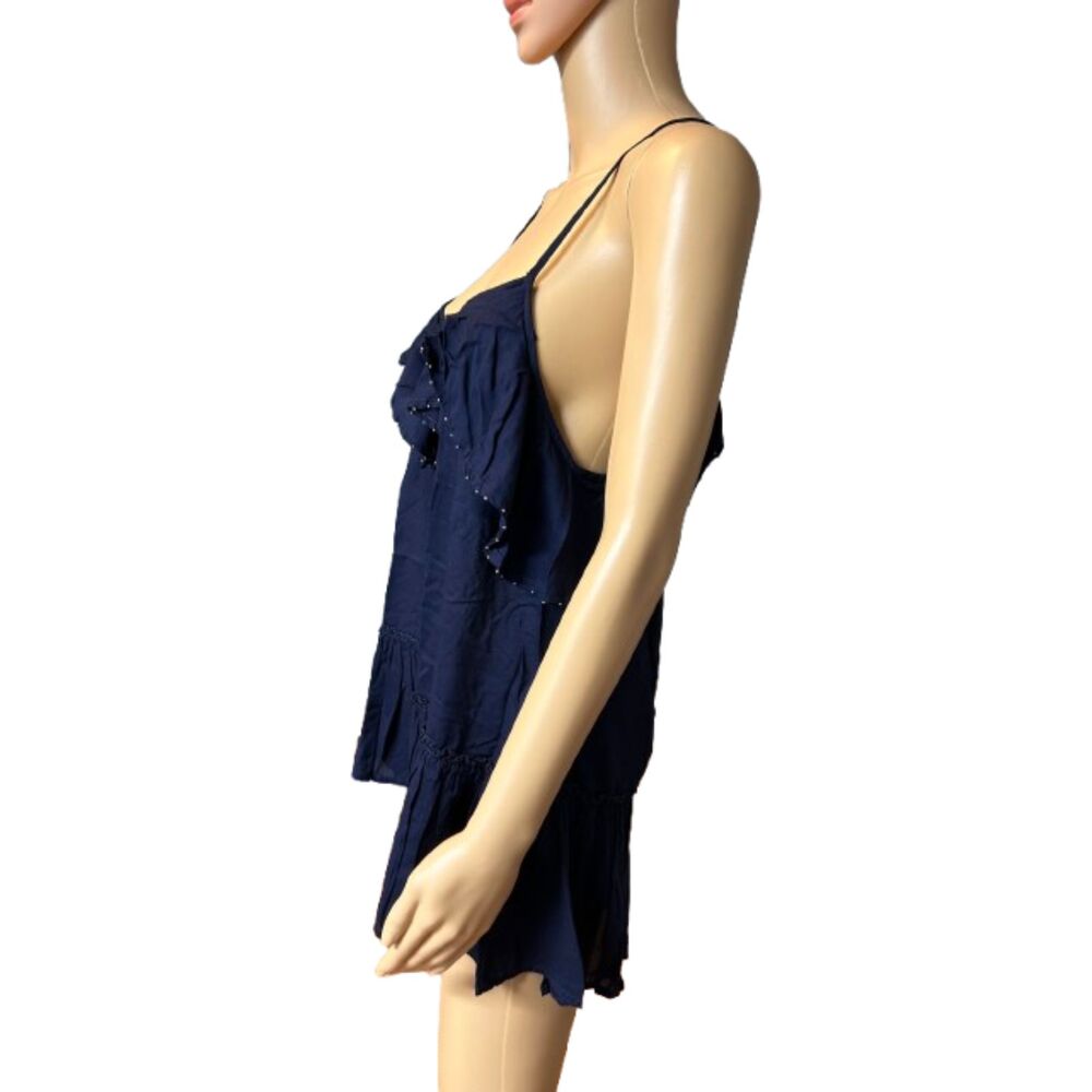 Free People Navy Blue Ruffle Top With Silver Embellished Beads size S/M E70 - Picture 5 of 12